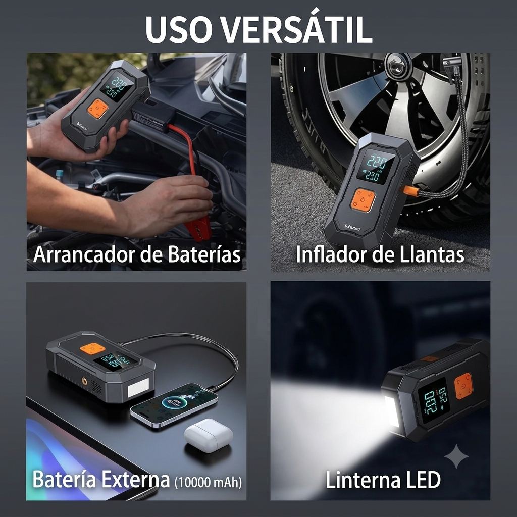 Arrancador de Batería + Compresor de Aire Portátil